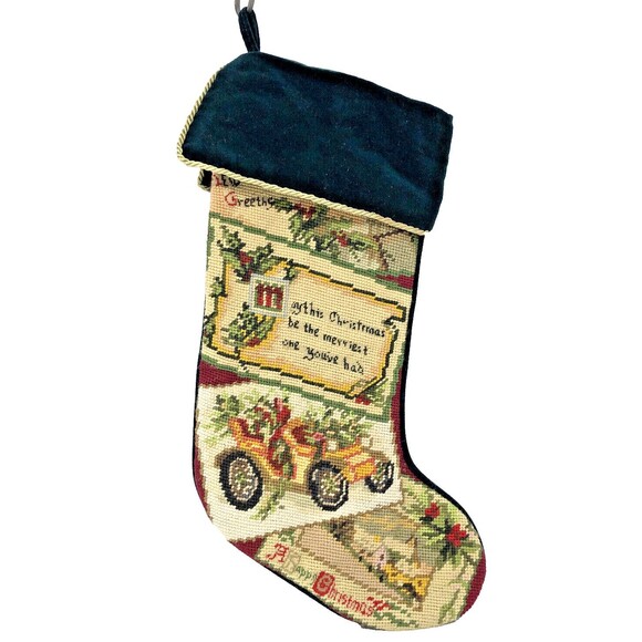 Handmade Wool Needlepoint Christmas Stocking Vintage Green Velvet Gold Cording - Picture 1 of 9